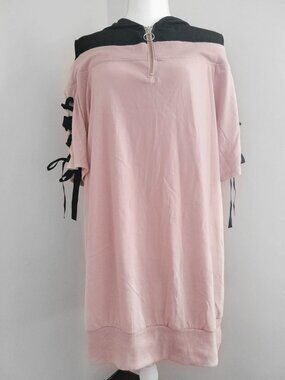 ANK ROUGE Pink Hooded Pullover Shirt Tunic w/ Ribbon Laced Sleeve